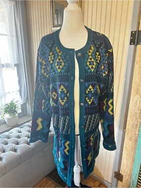 Chico’s Design Cardigan Womens Size 1 Medium Southwestern Aztec Knit Button